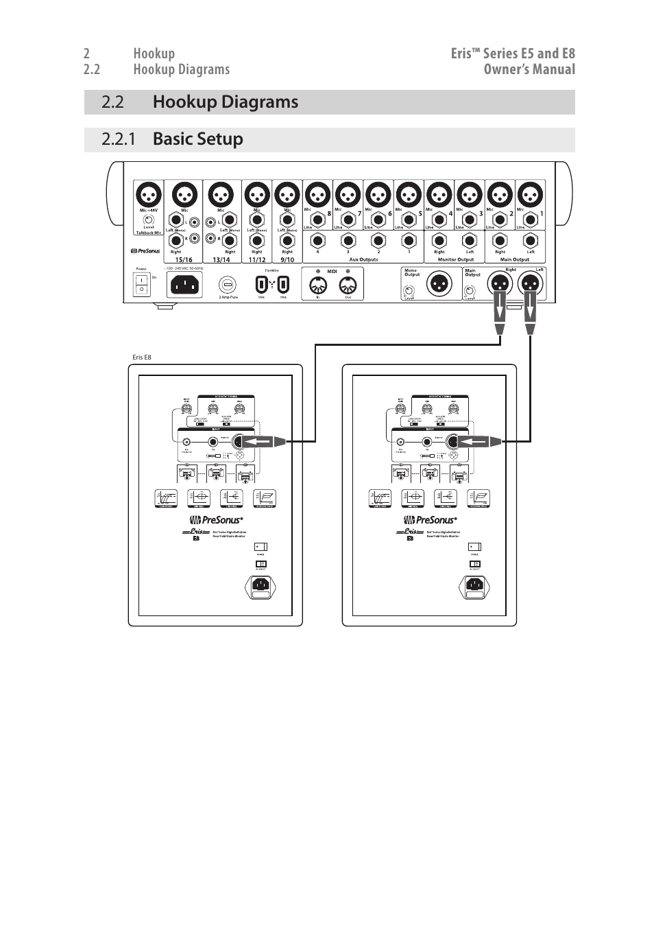 2 hookup diagrams, 1 basic setup, Hookup diagrams — 5 | Basic setup — 5, 2 hookup diagrams 2.2.1 basic setup | PreSonus Eris User Manual | Page 9 / 20