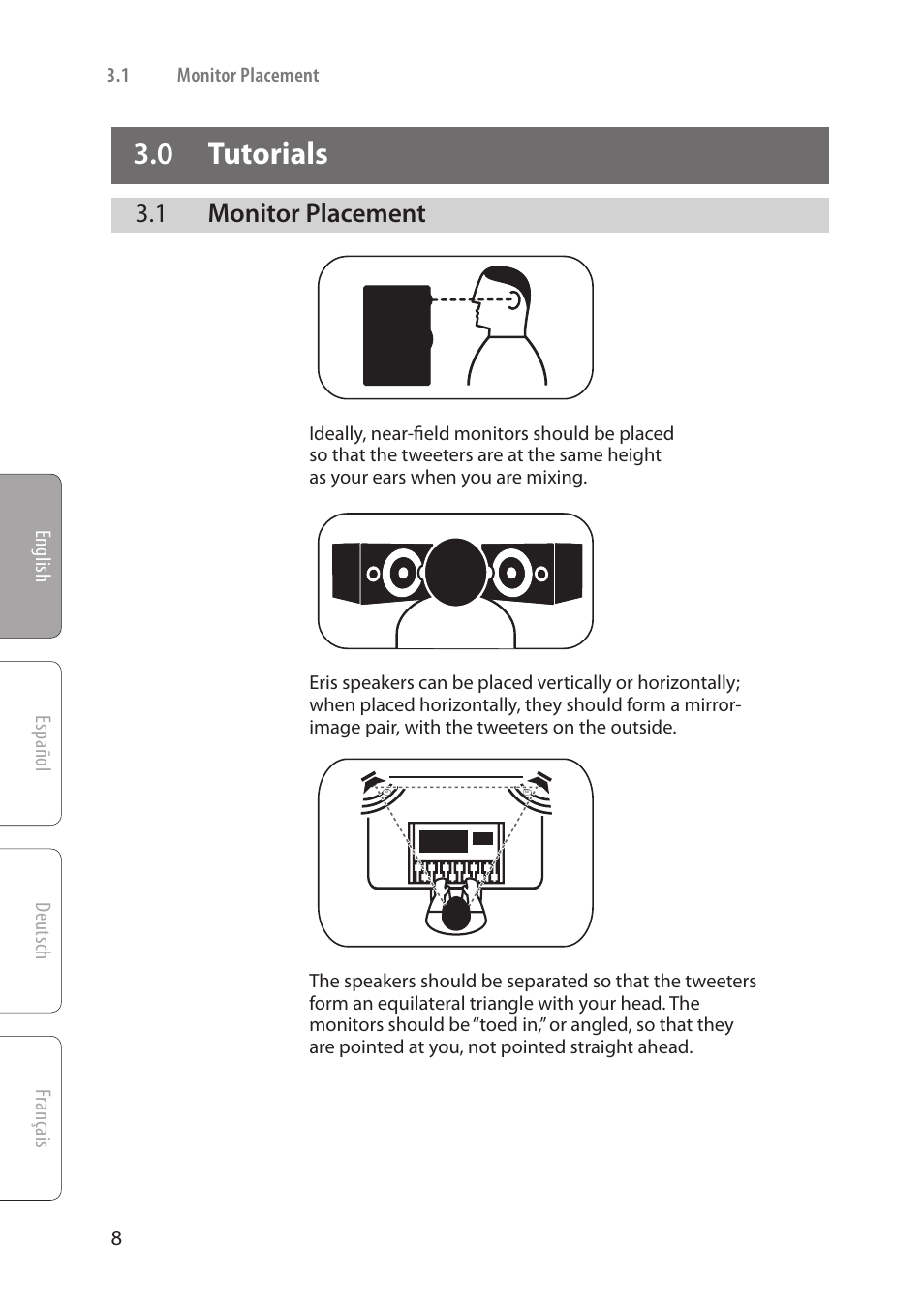 0 tutorials, 1 monitor placement, 0 tutorials — 8 | Monitor placement — 8 | PreSonus Eris User Manual | Page 10 / 16