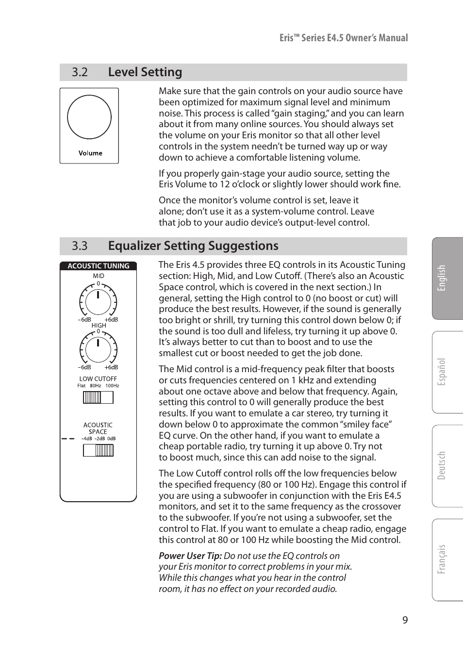 2 level setting, 3 equalizer setting suggestions, Level setting — 9 | Equalizer setting suggestions — 9 | PreSonus Eris User Manual | Page 11 / 16