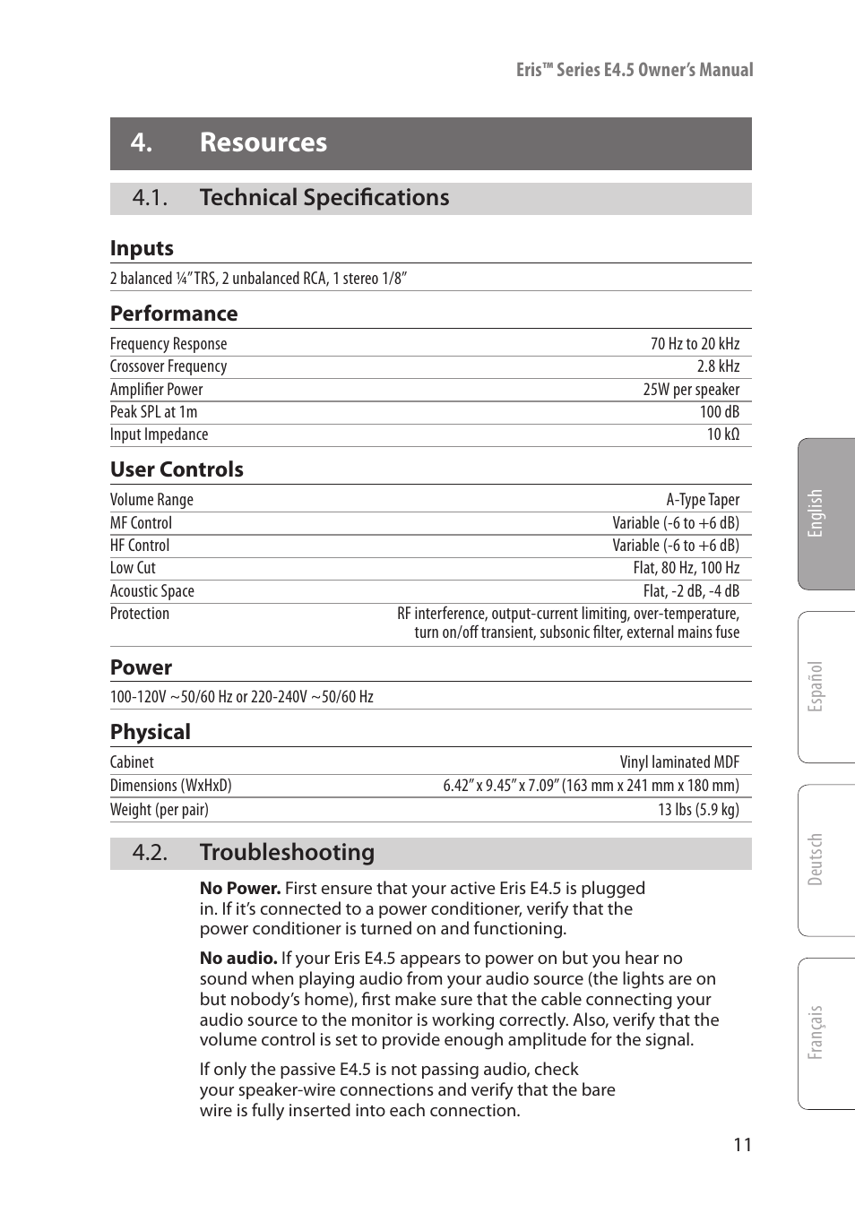 Resources, Technical specifications, Troubleshooting | Resources — 11, Technical specifications — 11, Troubleshooting — 11 | PreSonus Eris User Manual | Page 13 / 16