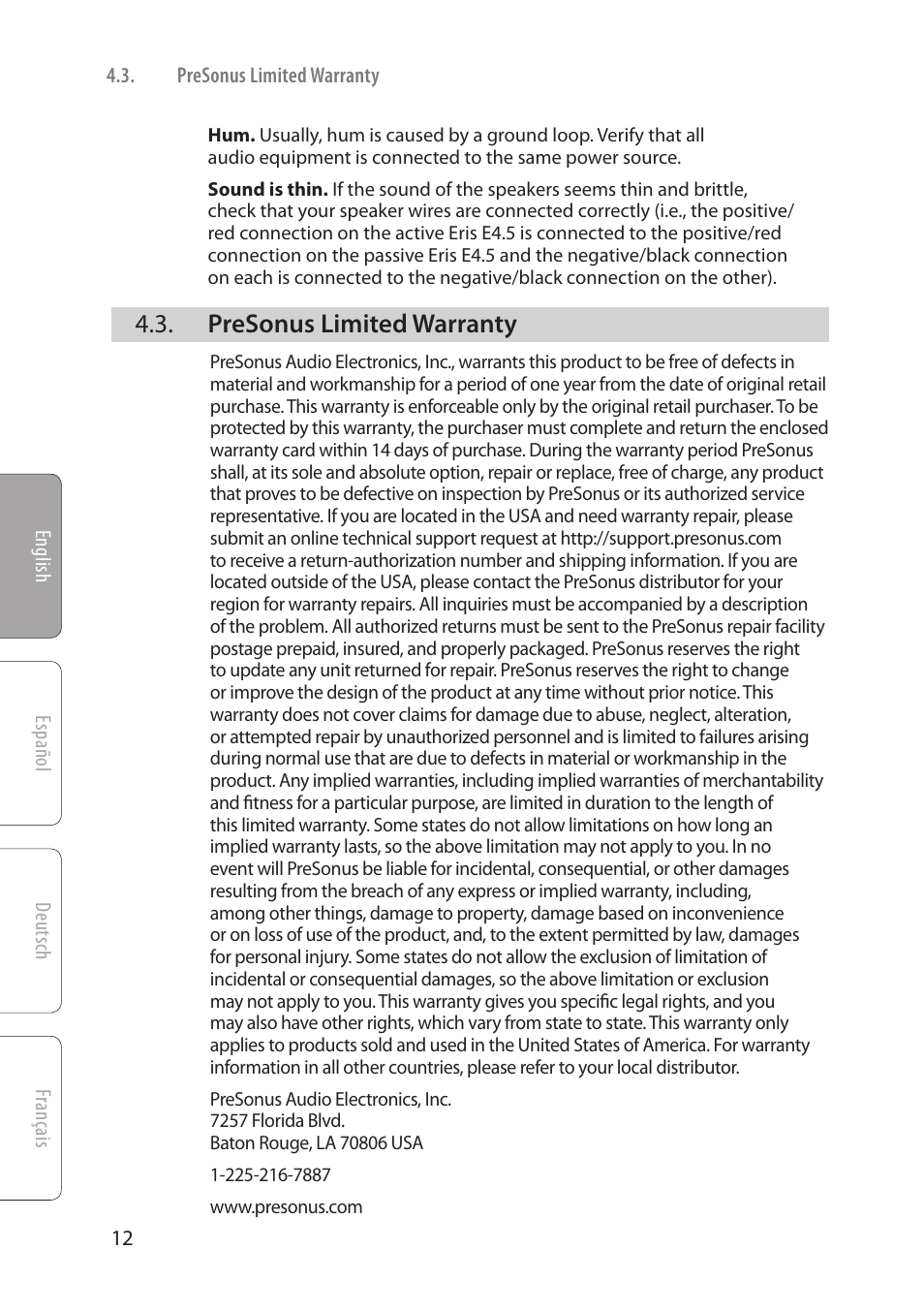 Presonus limited warranty, Presonus limited warranty — 12 | PreSonus Eris User Manual | Page 14 / 16