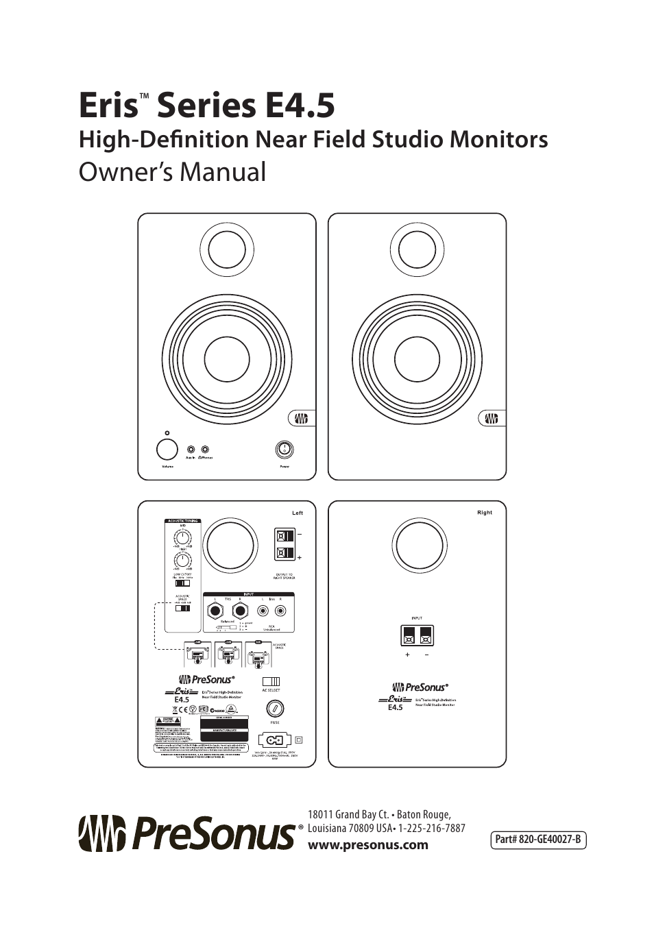 Eris, Series e4.5, Owner’s manual | High-definition near field studio monitors | PreSonus Eris User Manual | Page 16 / 16