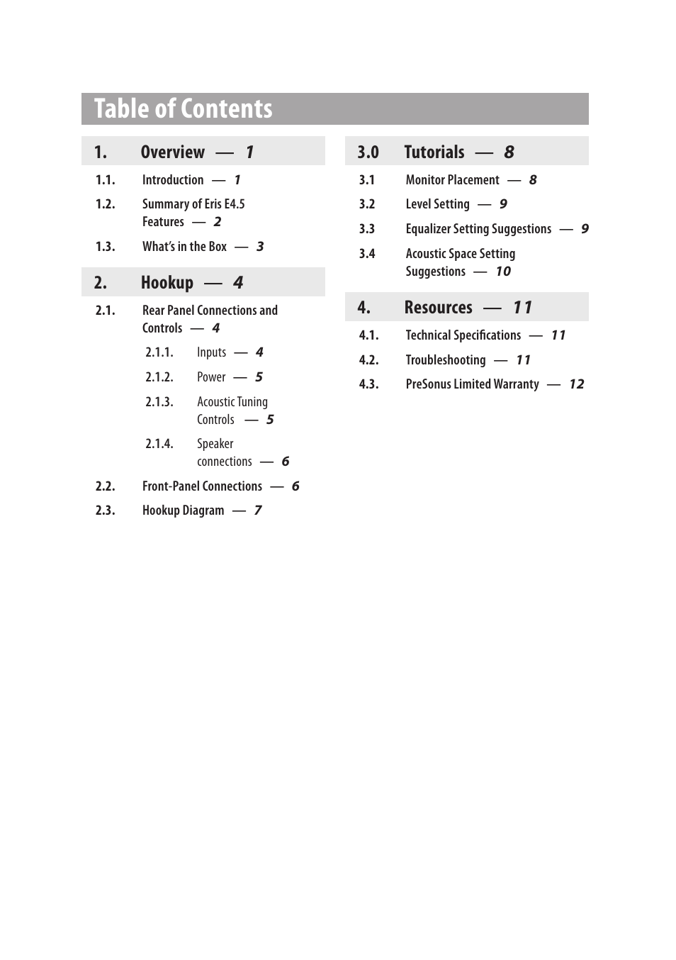 PreSonus Eris User Manual | Page 2 / 16