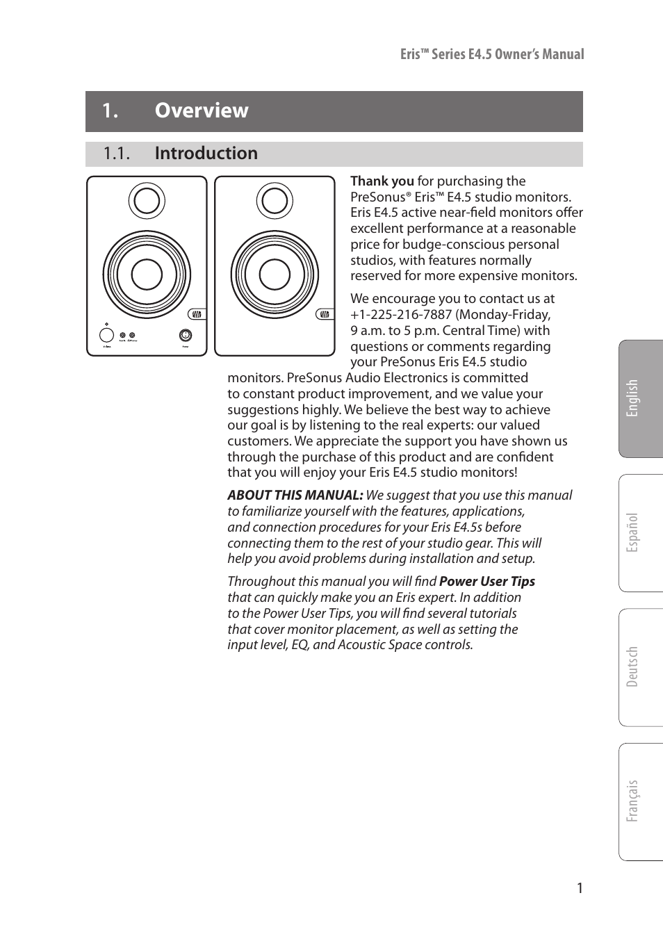 Overview, Introduction, Overview — 1 | Introduction — 1 | PreSonus Eris User Manual | Page 3 / 16