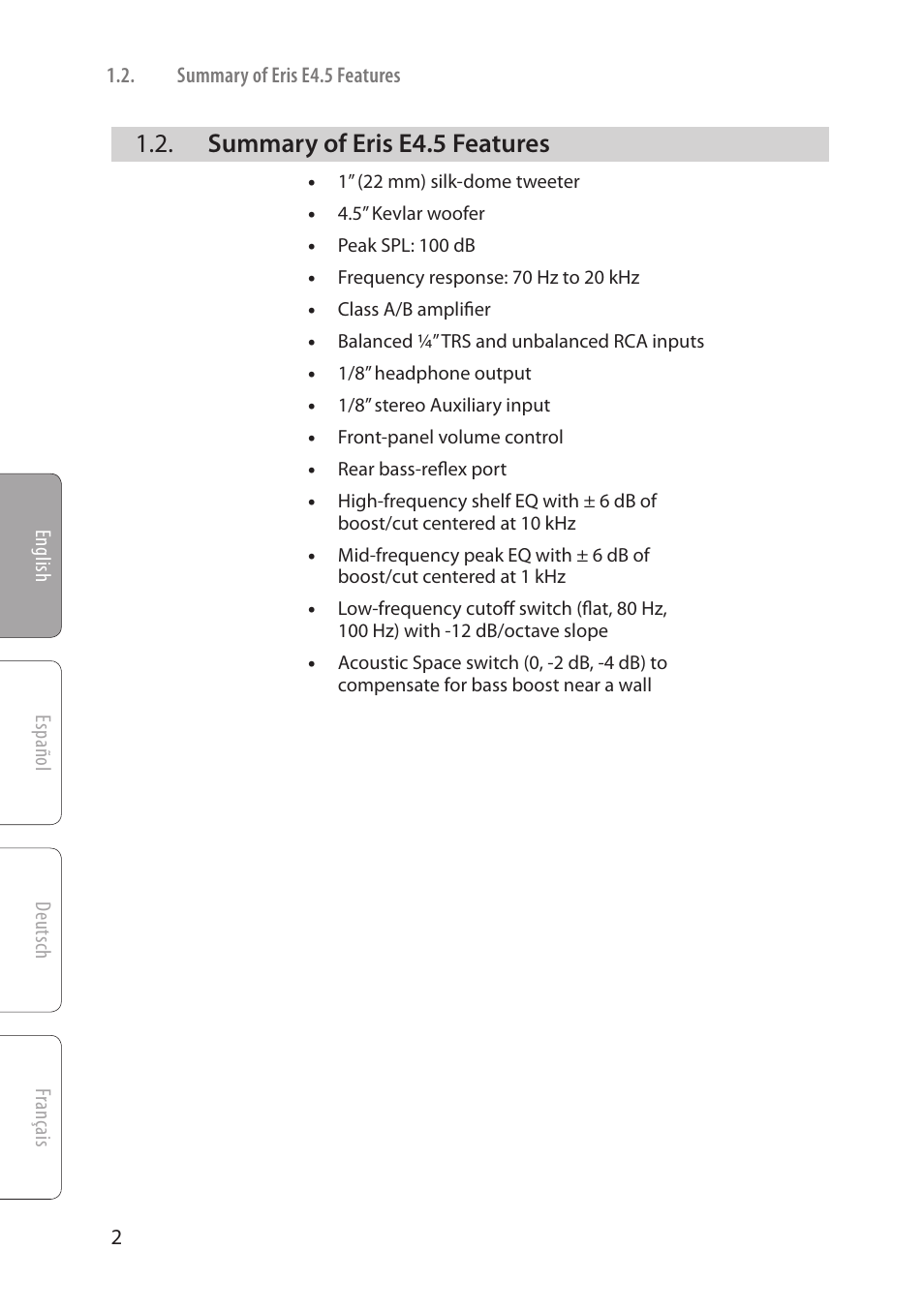 Summary of eris e4.5 features, Summary of eris e4.5 features — 2 | PreSonus Eris User Manual | Page 4 / 16