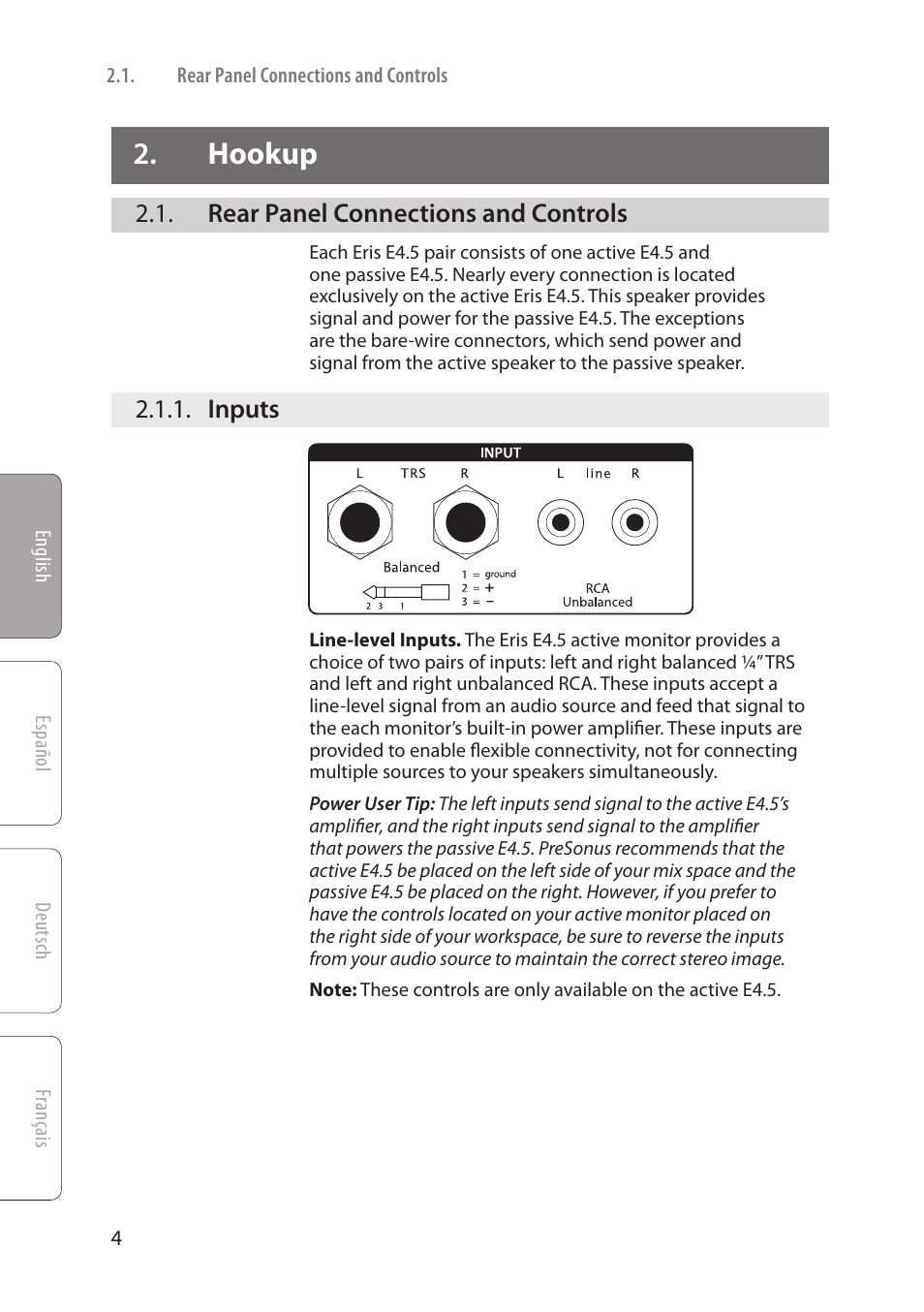 Hookup, Rear panel connections and controls, Inputs | Hookup — 4, Rear panel connections and controls — 4, Inputs — 4 | PreSonus Eris User Manual | Page 6 / 16