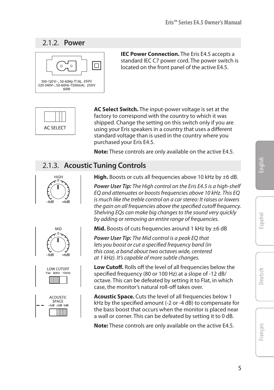 Power, Acoustic tuning controls, Power — 5 | Acoustic tuning controls — 5 | PreSonus Eris User Manual | Page 7 / 16