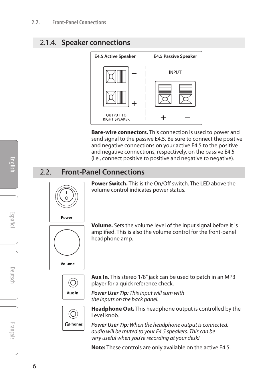 Speaker connections, Front-panel connections, Speaker | Connections — 6, Front-panel connections — 6 | PreSonus Eris User Manual | Page 8 / 16