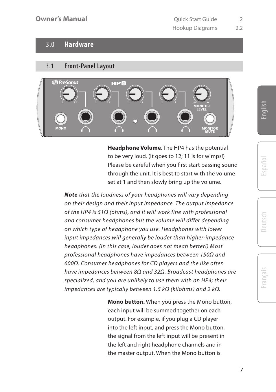 English deutsch español fr ançais, 0 hardware | PreSonus HP4 User Manual | Page 11 / 20