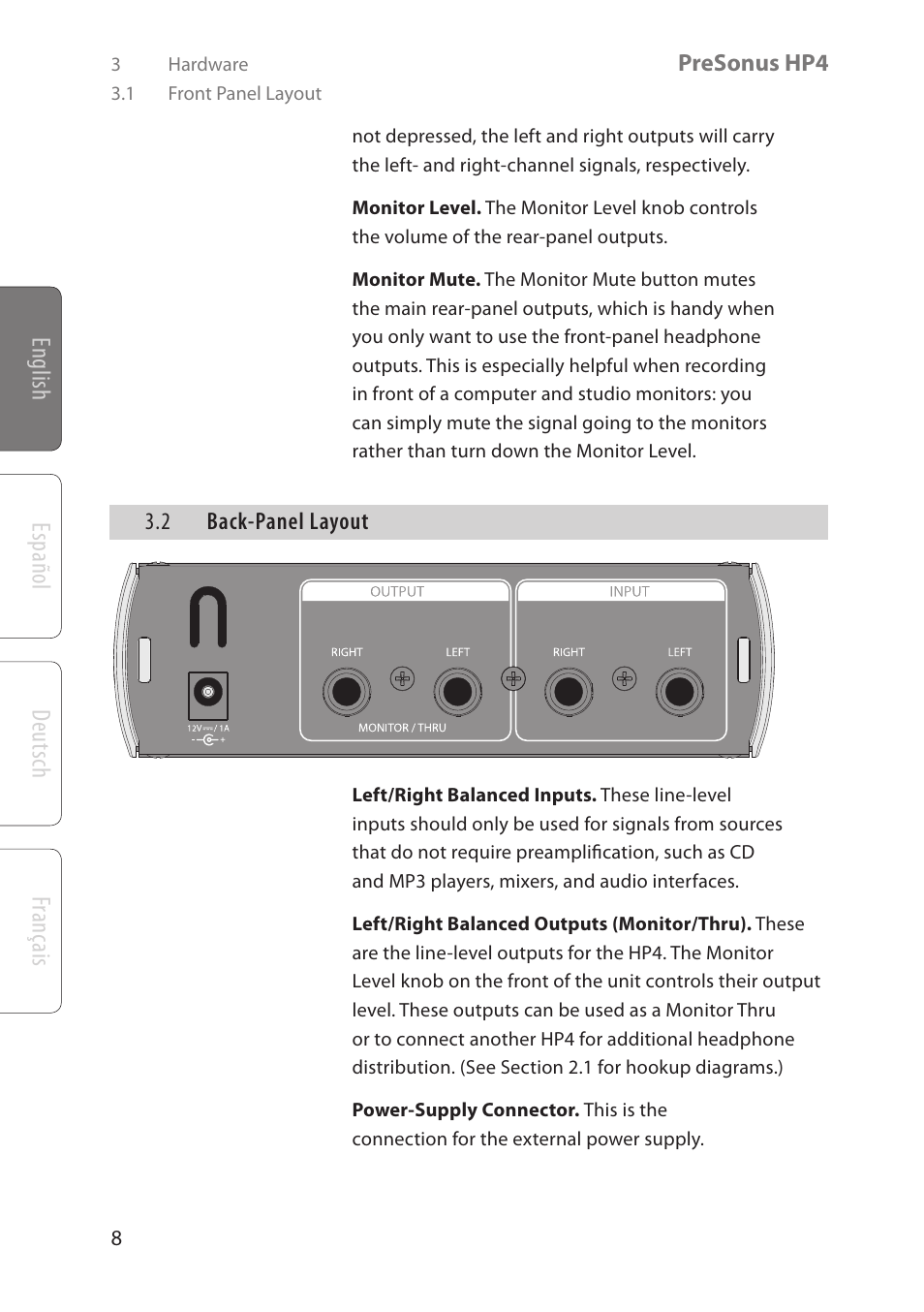 English deutsch español français | PreSonus HP4 User Manual | Page 12 / 20