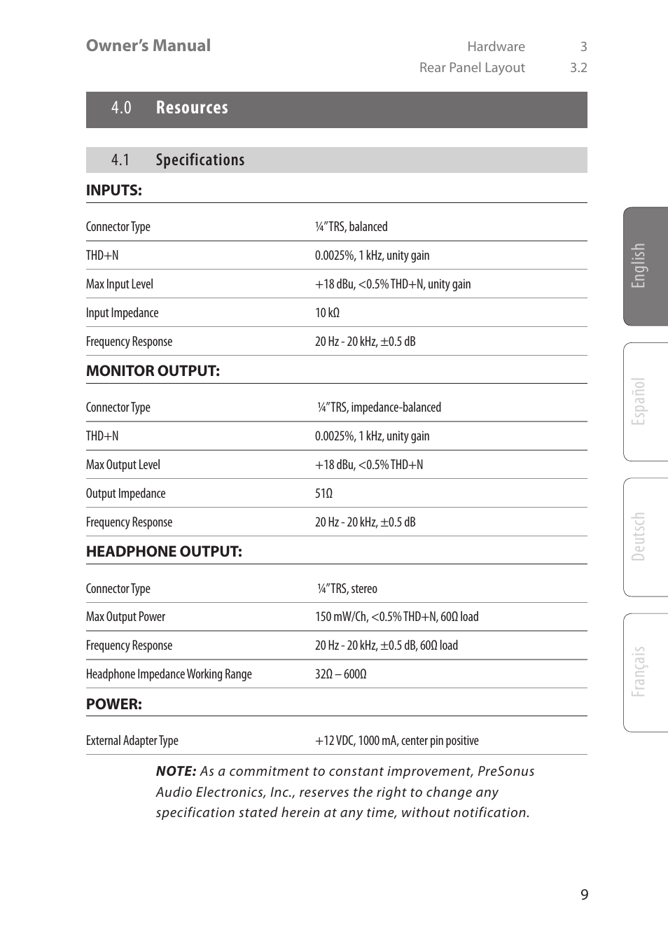 English deutsch español fr ançais, 0 resources | PreSonus HP4 User Manual | Page 13 / 20