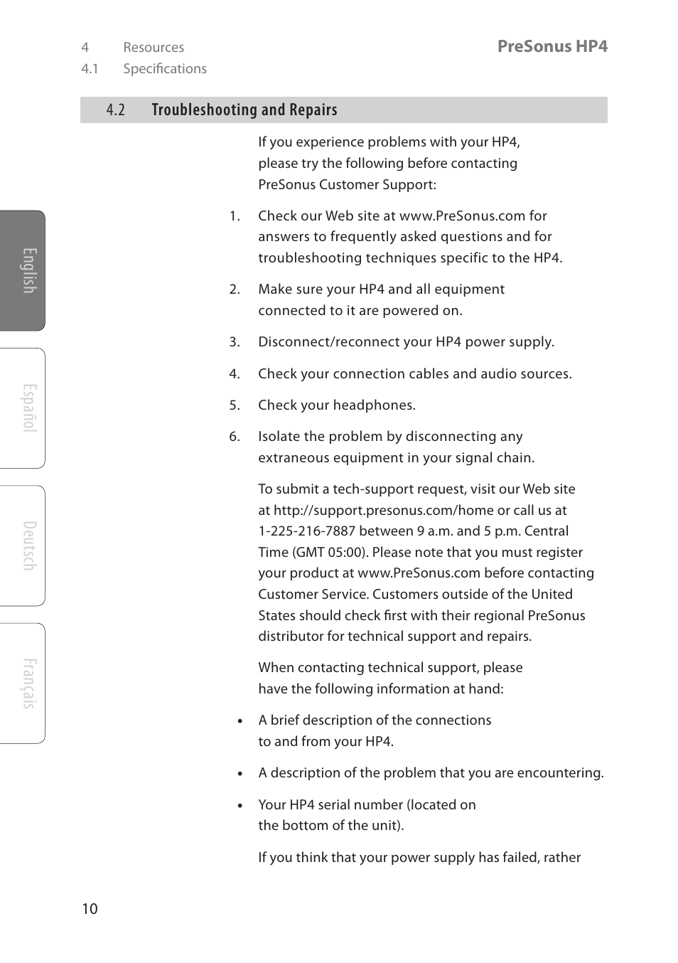 English deutsch español français | PreSonus HP4 User Manual | Page 14 / 20