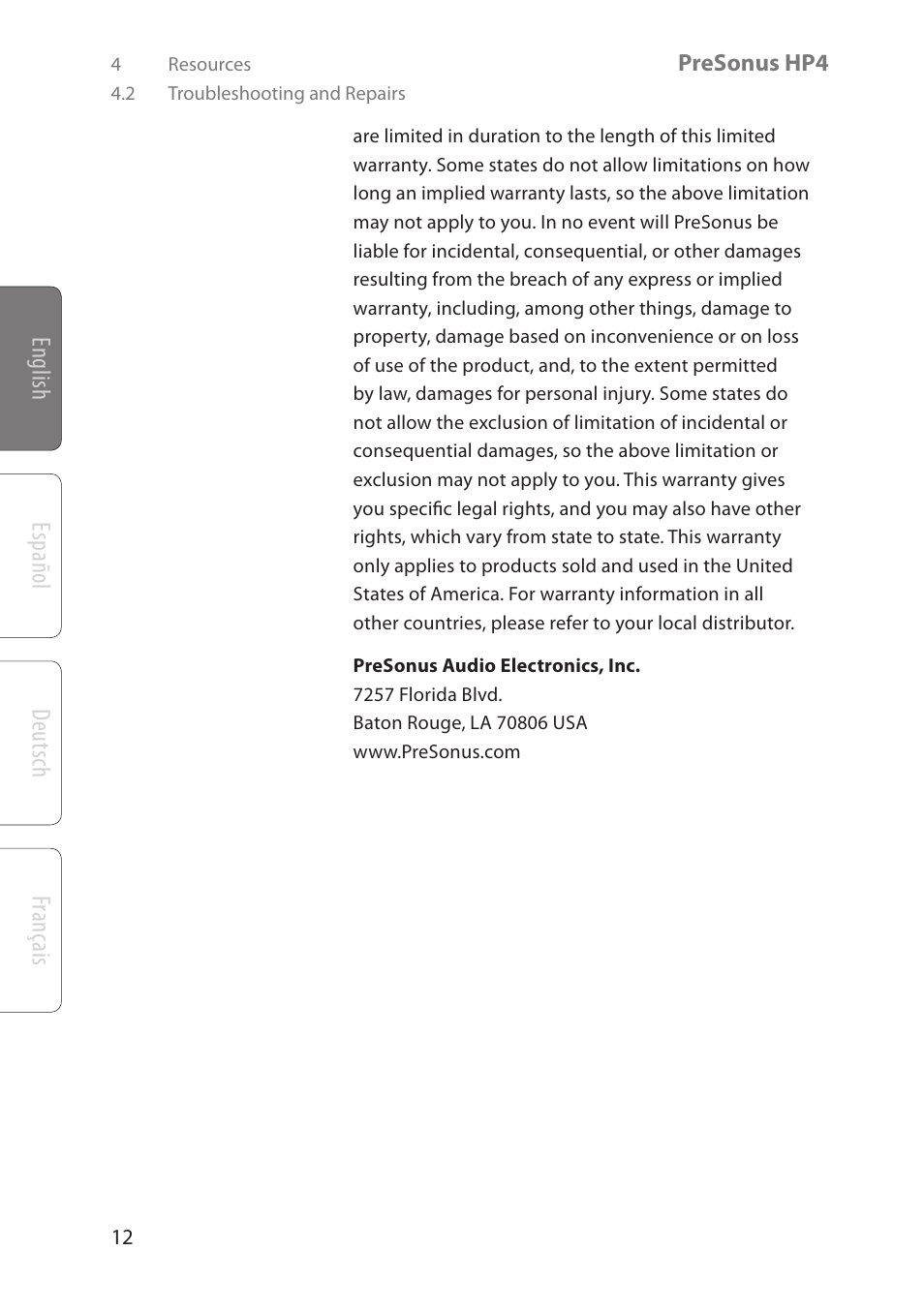 English deutsch español français | PreSonus HP4 User Manual | Page 16 / 20