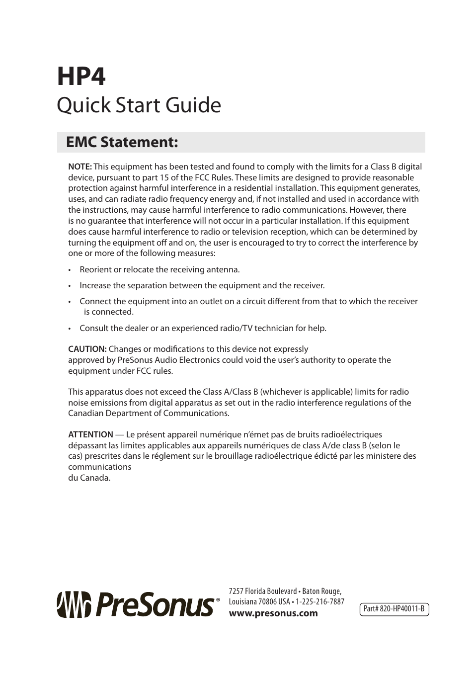 Quick start guide, Emc statement | PreSonus HP4 User Manual | Page 20 / 20