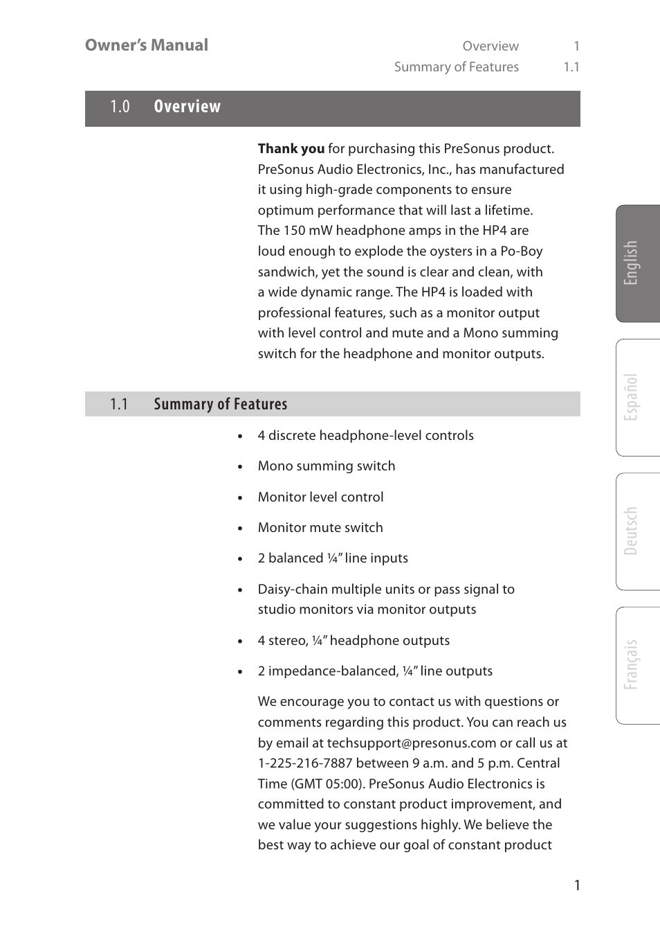 English deutsch español fr ançais, 0 overview | PreSonus HP4 User Manual | Page 5 / 20