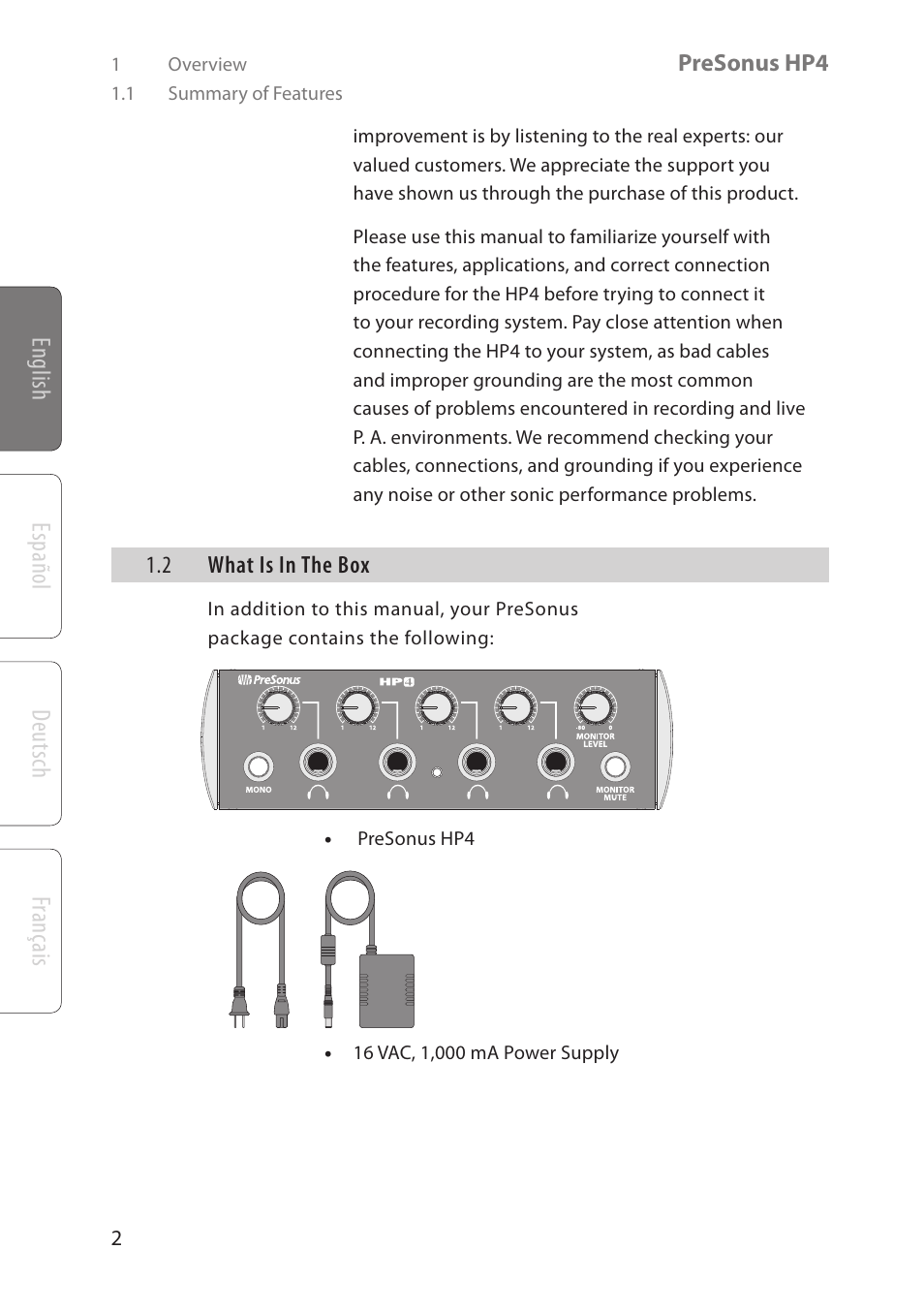 English deutsch español français | PreSonus HP4 User Manual | Page 6 / 20