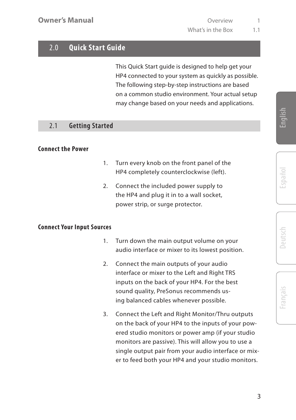 English deutsch español fr ançais, 0 quick start guide | PreSonus HP4 User Manual | Page 7 / 20