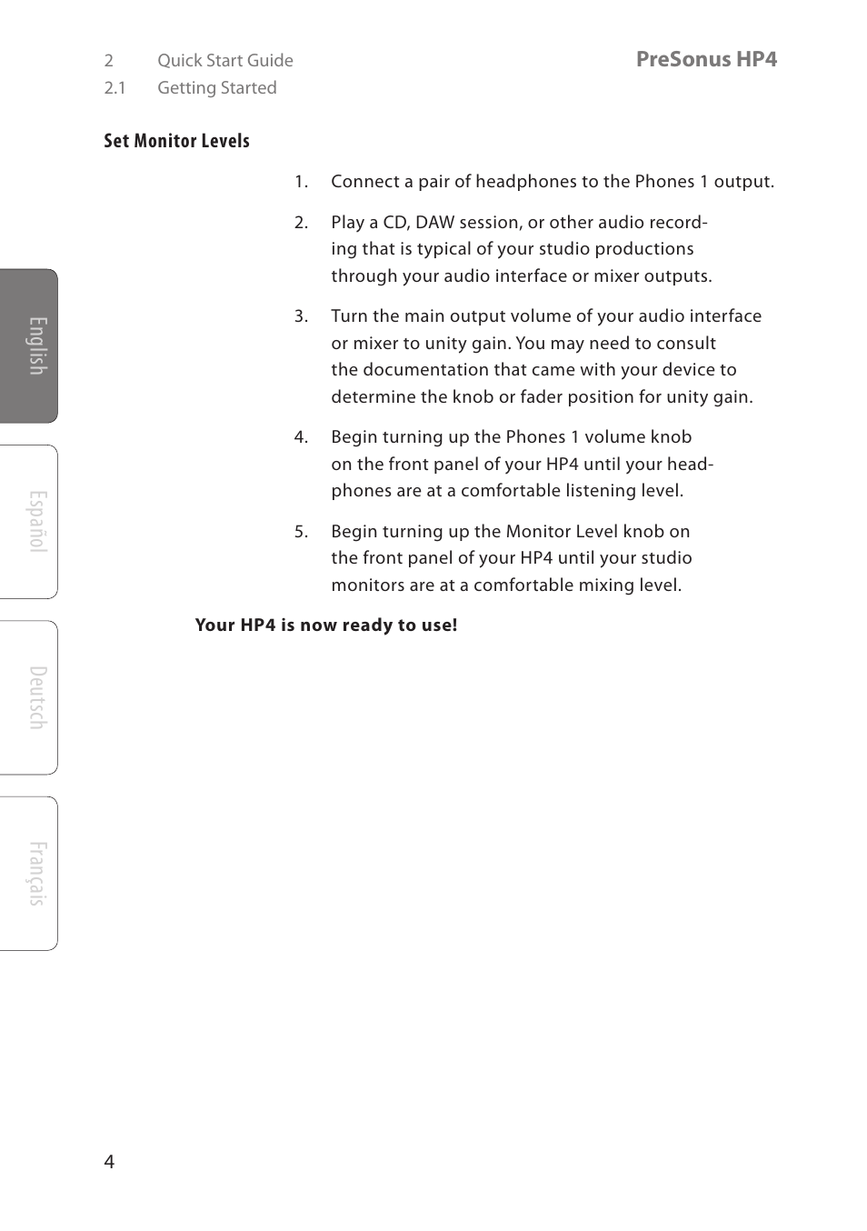 English deutsch español français | PreSonus HP4 User Manual | Page 8 / 20