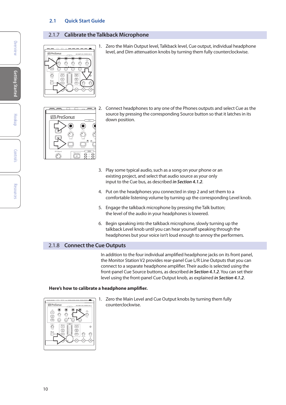 7 calibrate the talkback microphone, 8 connect the cue outputs, 7 calibrate the talkback microphone — 10 | 8 connect the cue outputs — 10 | PreSonus Monitor Station V2 User Manual | Page 14 / 28