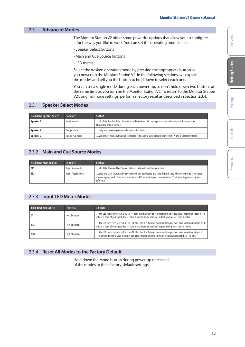 3 advanced modes, 1 speaker select modes, 2 main and cue source modes | 3 input led meter modes, 4 reset all modes to the factory default, Advanced modes — 13, 1 speaker select modes — 13, 2 main and cue source modes — 13, 3 input led meter modes — 13, 4 reset all modes to the | PreSonus Monitor Station V2 User Manual | Page 17 / 28