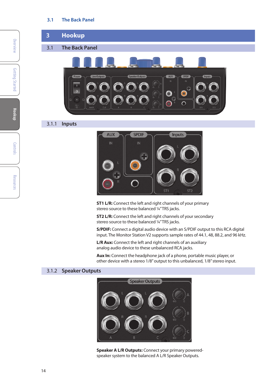 3 hookup, 1 the back panel, 1 inputs | 2 speaker outputs, 3 hookup — 14, The back panel — 14, 1 inputs — 14, 2 speaker outputs — 14 | PreSonus Monitor Station V2 User Manual | Page 18 / 28