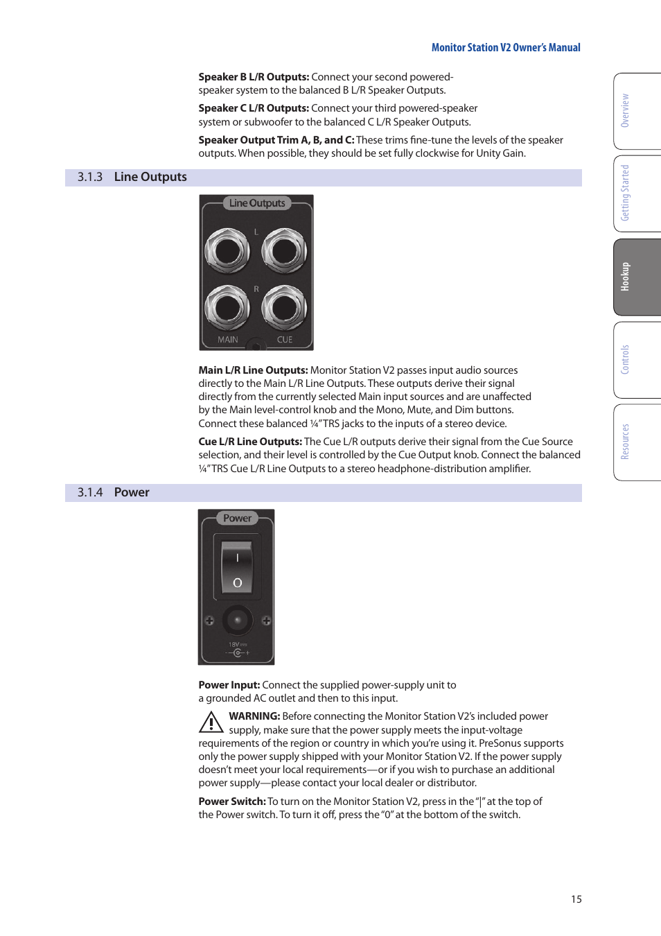 3 line outputs, 4 power, 3 line outputs — 15 | 4 power — 15 | PreSonus Monitor Station V2 User Manual | Page 19 / 28