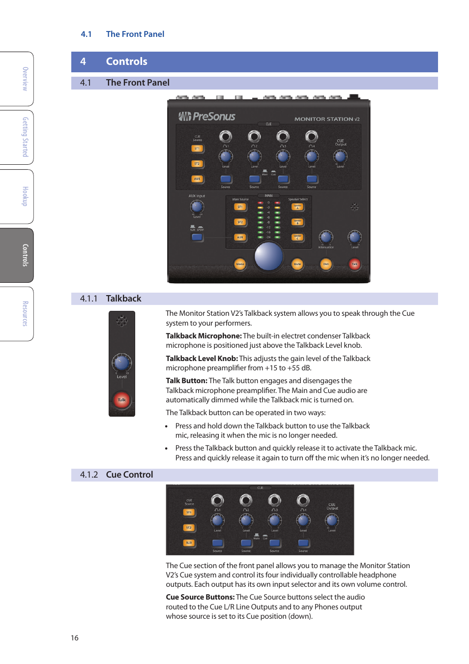 4 controls, 1 the front panel, 1 talkback | 2 cue control, 4 controls — 16, The front panel — 16, 1 talkback — 16, 2 cue control — 16 | PreSonus Monitor Station V2 User Manual | Page 20 / 28