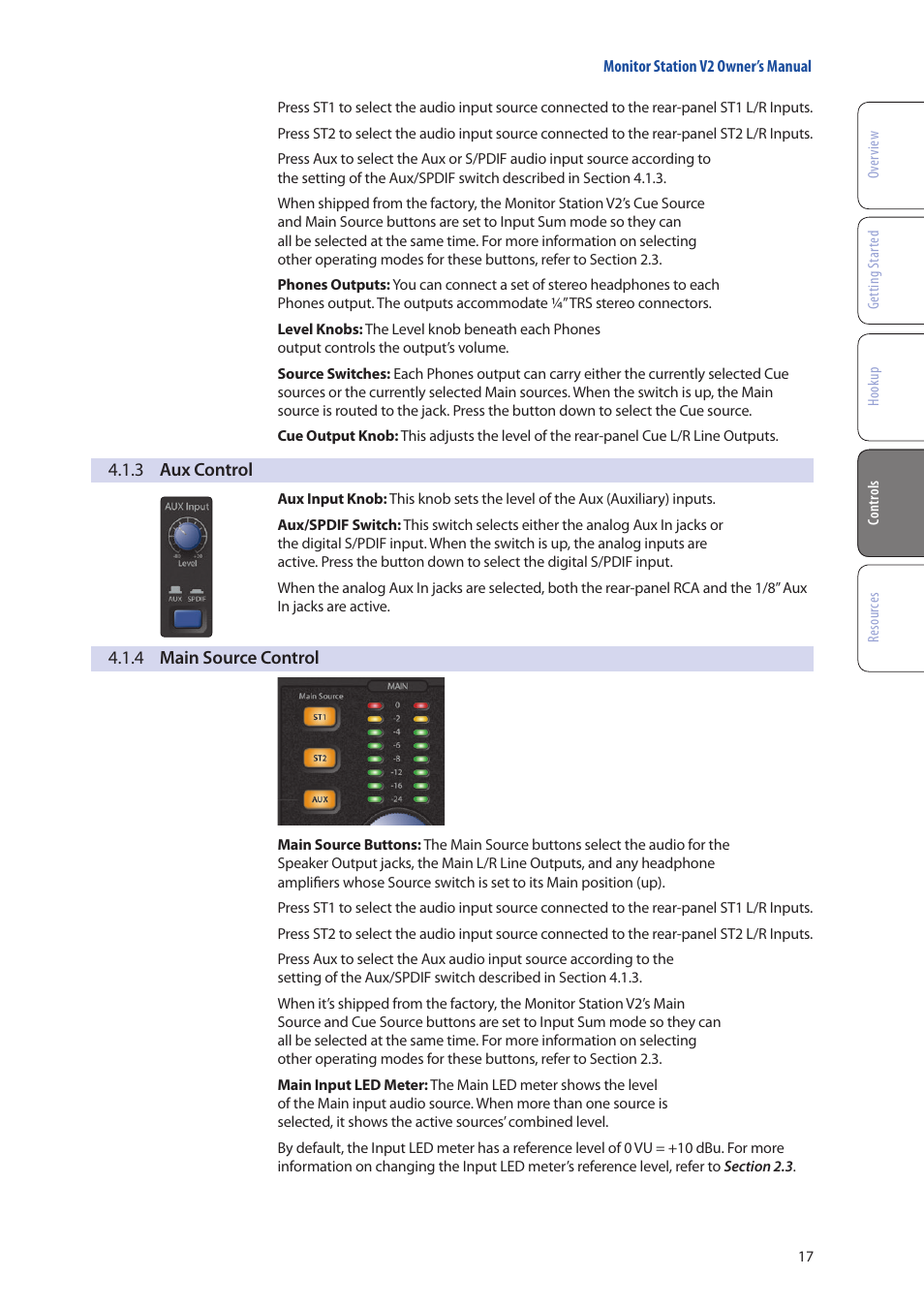 3 aux control, 4 main source control, 3 aux control — 17 | 4 main source control — 17 | PreSonus Monitor Station V2 User Manual | Page 21 / 28