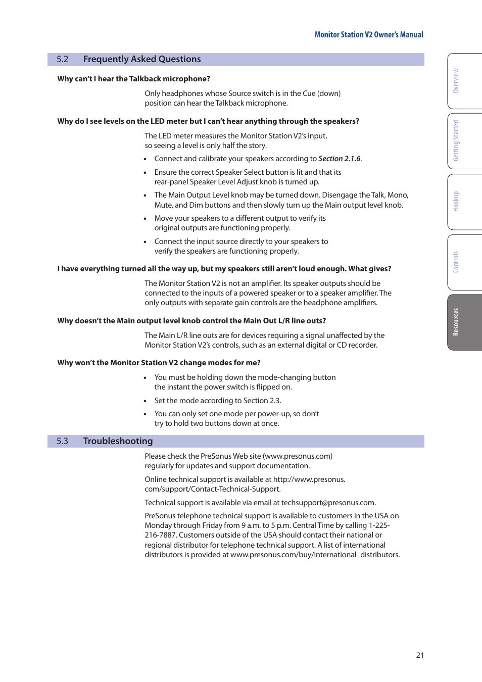 2 frequently asked questions, 3 troubleshooting, Frequently asked questions — 21 | Troubleshooting — 21 | PreSonus Monitor Station V2 User Manual | Page 25 / 28