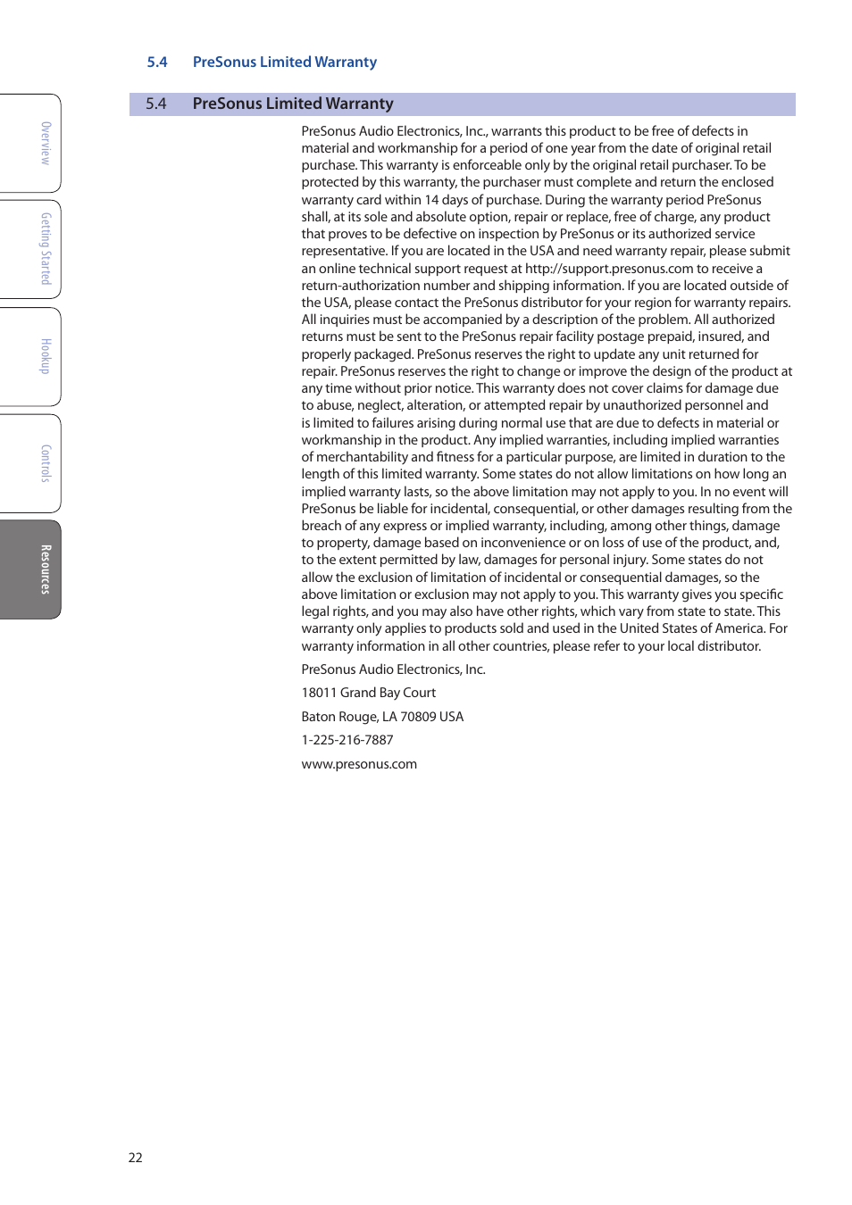 4 presonus limited warranty, Presonus limited warranty — 22 | PreSonus Monitor Station V2 User Manual | Page 26 / 28