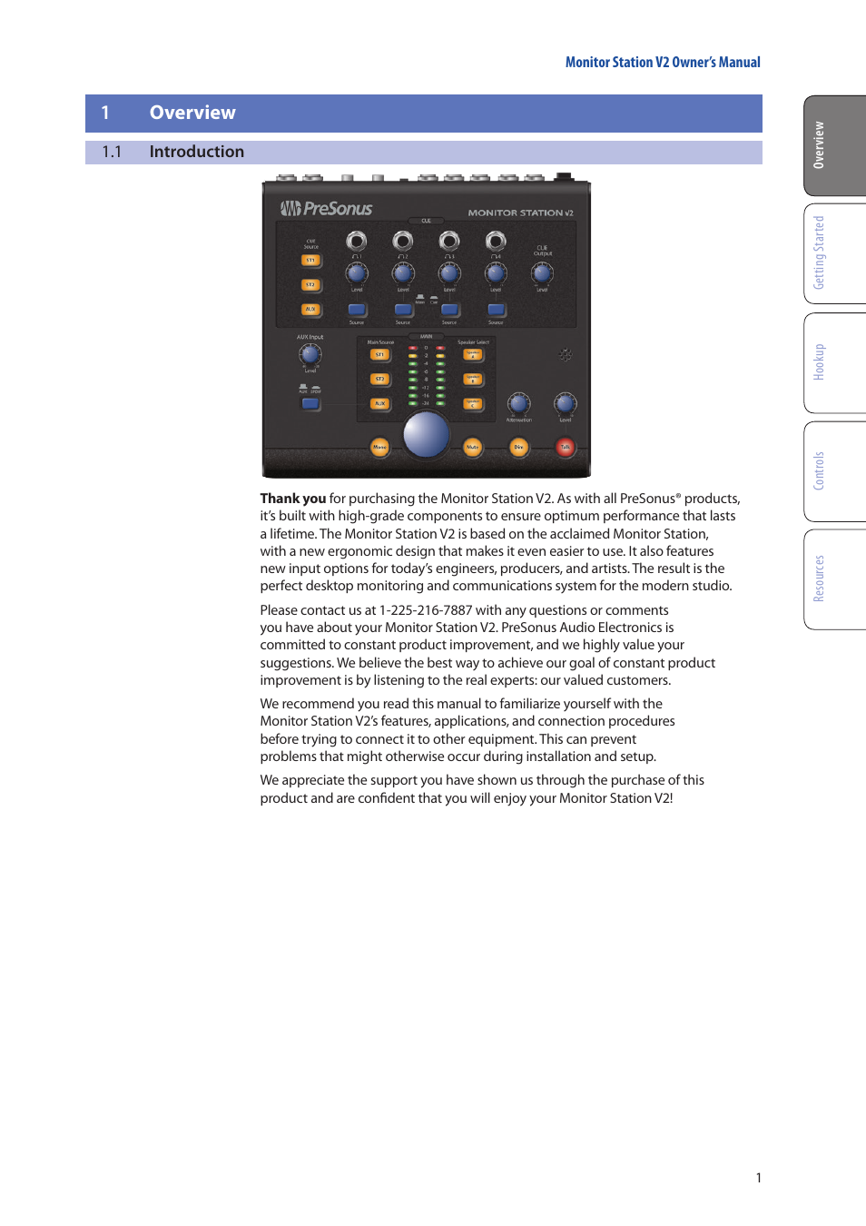 1 overview, 1 introduction, 1 overview — 1 | Introduction — 1 | PreSonus Monitor Station V2 User Manual | Page 5 / 28