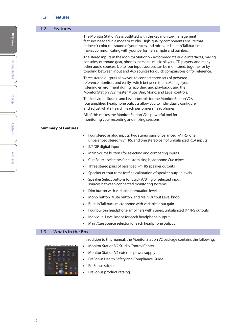 2 features, 3 what’s in the box, Features — 2 | What’s in the box — 2 | PreSonus Monitor Station V2 User Manual | Page 6 / 28