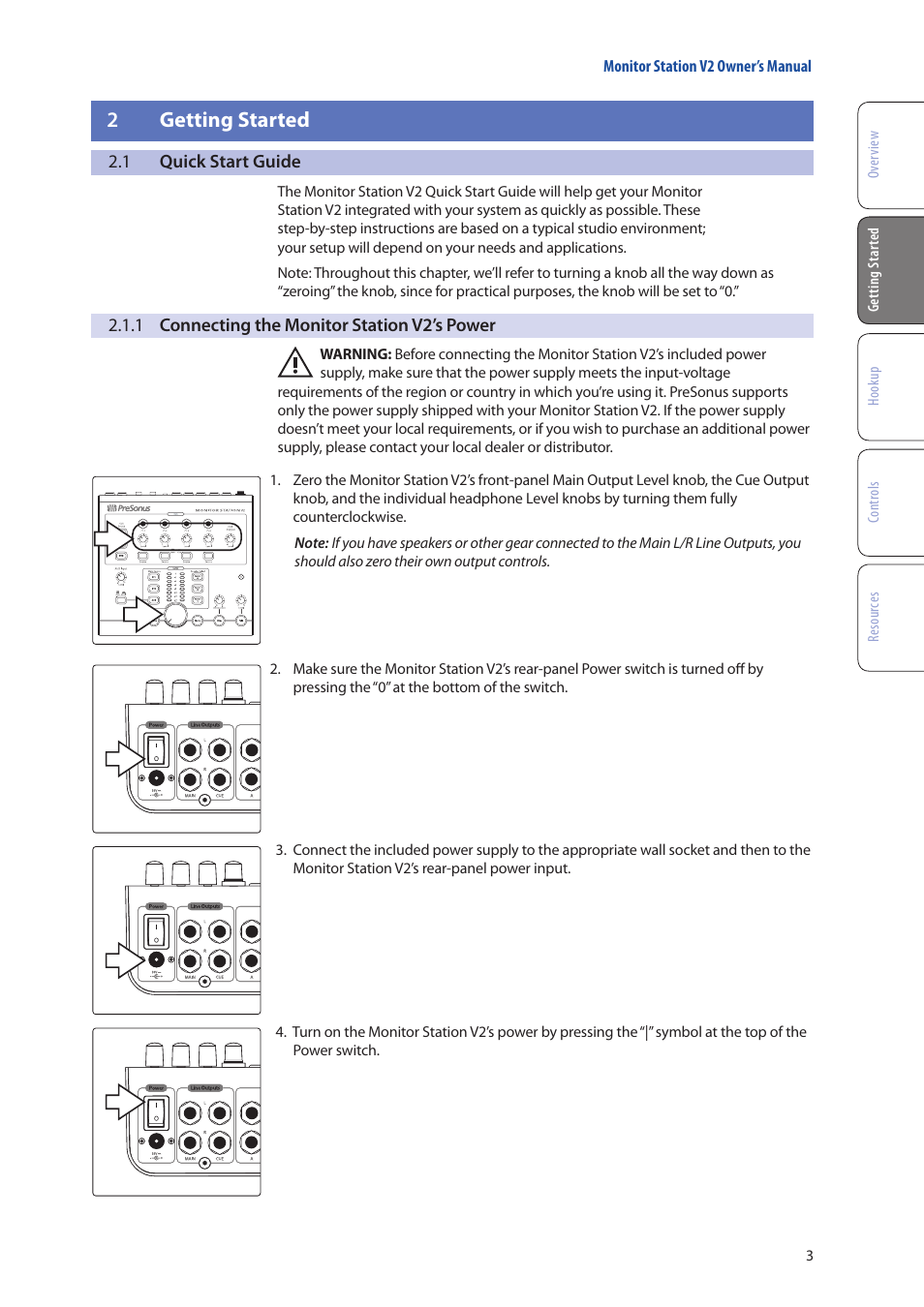 2 getting started, 1 quick start guide, 1 connecting the monitor station v2’s power | Getting started — 3, Quick start guide — 3, 1 connecting the, Monitor station v2’s power — 3, 2getting started | PreSonus Monitor Station V2 User Manual | Page 7 / 28