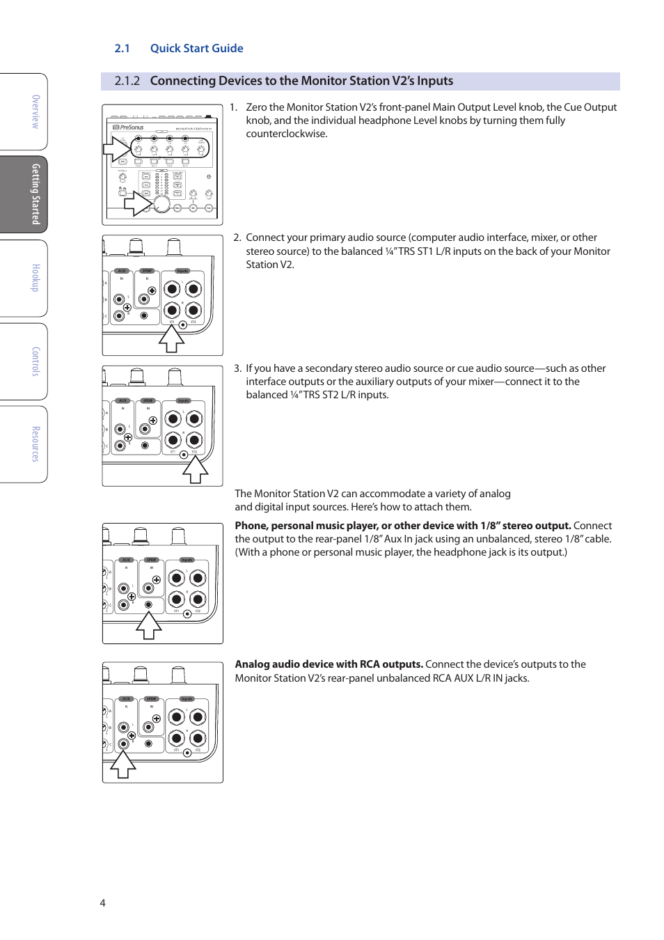 2 connecting devices to the, Monitor station v2’s inputs — 4 | PreSonus Monitor Station V2 User Manual | Page 8 / 28