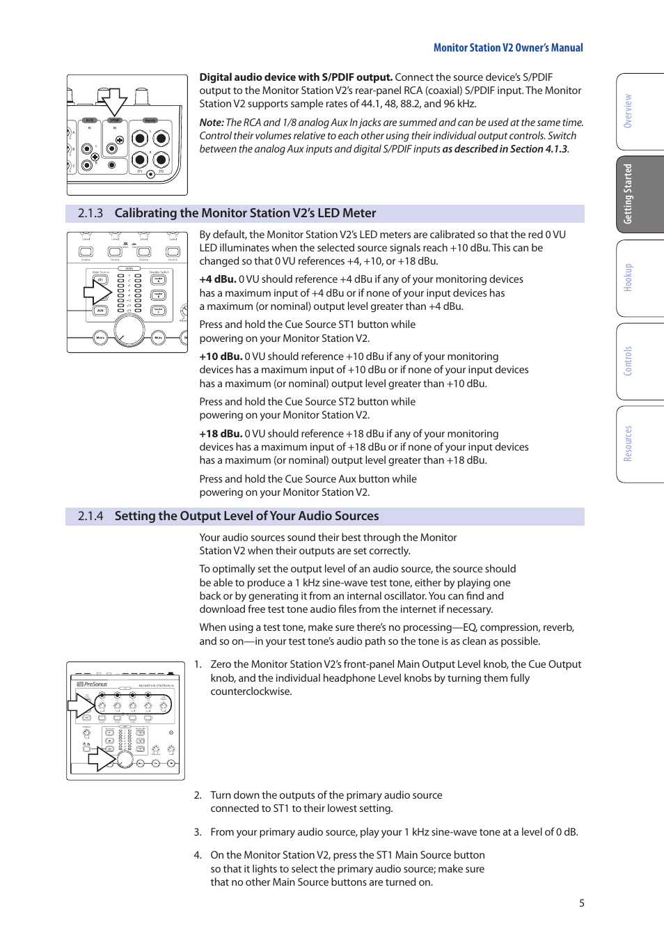 3 calibrating the monitor station v2’s led meter, 4 setting the output level of your audio sources, 3 calibrating the | Monitor station v2’s led meter — 5, 4 setting the output level of your, Audio sources — 5 | PreSonus Monitor Station V2 User Manual | Page 9 / 28