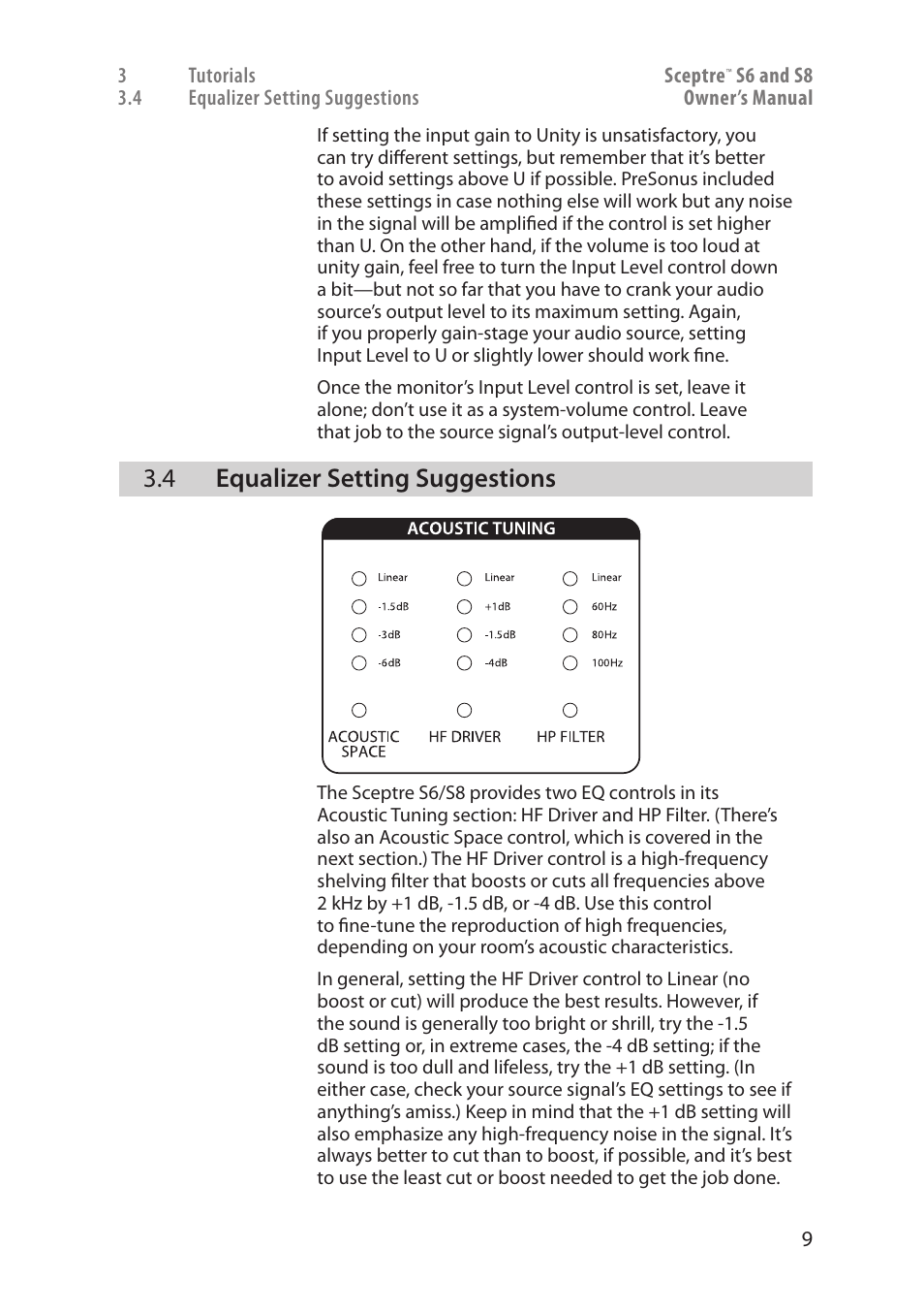 Equalizer setting suggestions — 9, 4 equalizer setting suggestions | PreSonus Sceptre User Manual | Page 11 / 18