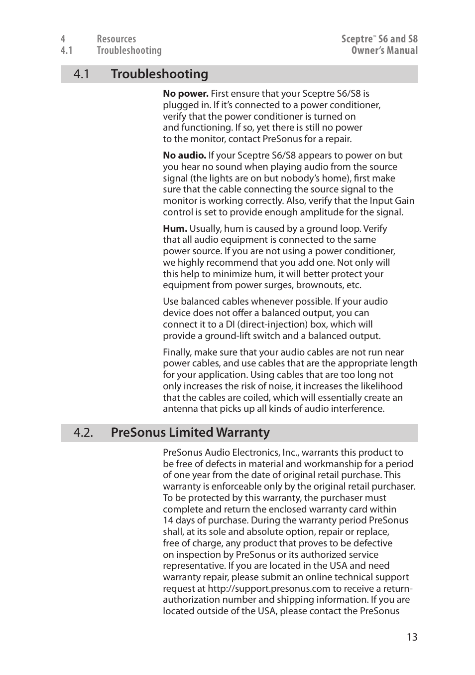 Troubleshooting — 13, Presonus limited warranty — 13, 1 troubleshooting | Presonus limited warranty | PreSonus Sceptre User Manual | Page 15 / 18