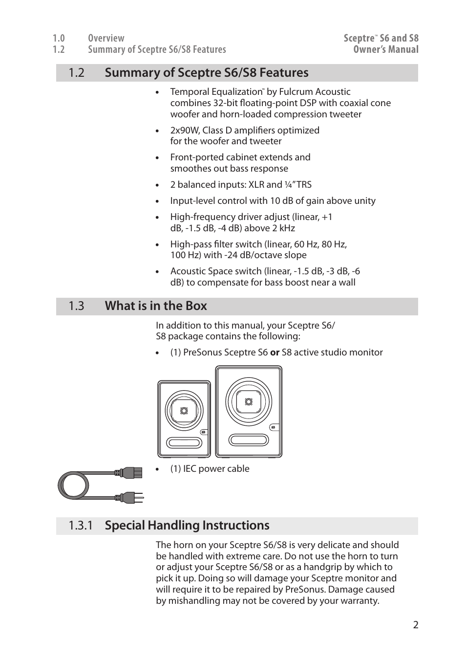 Summary of sceptre s6/s8 features — 2, What is in the box — 2, Special handling instructions — 2 | 2 summary of sceptre s6/s8 features, 3 what is in the box, 1 special handling instructions | PreSonus Sceptre User Manual | Page 4 / 18
