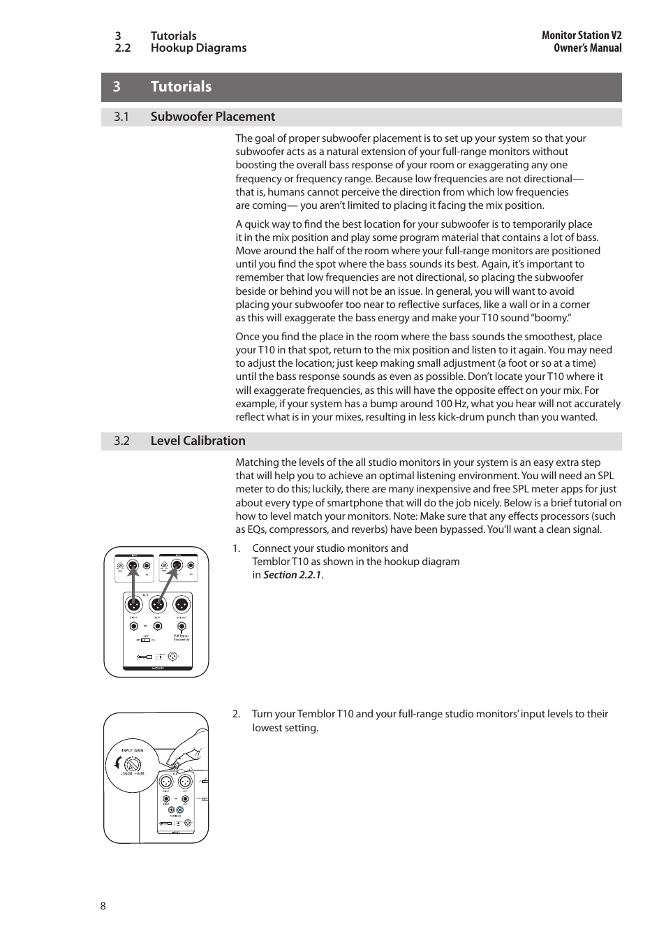 3 tutorials, 1 subwoofer placement, 2 level calibration | 3 tutorials — 8, Subwoofer placement — 8, Level calibration — 8 | PreSonus Temblor T10 User Manual | Page 12 / 20