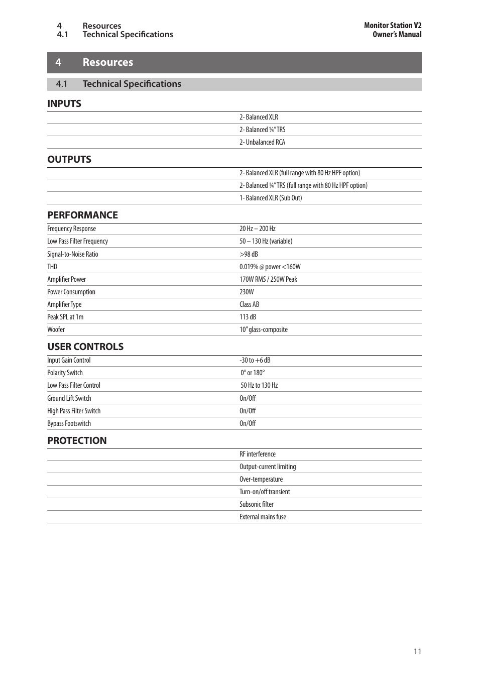 4 resources, 1 technical specifications, 4 resources — 11 | Technical specifications — 11 | PreSonus Temblor T10 User Manual | Page 15 / 20