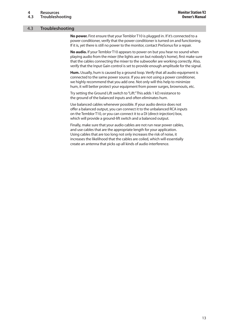 3 troubleshooting, Troubleshooting — 13 | PreSonus Temblor T10 User Manual | Page 17 / 20