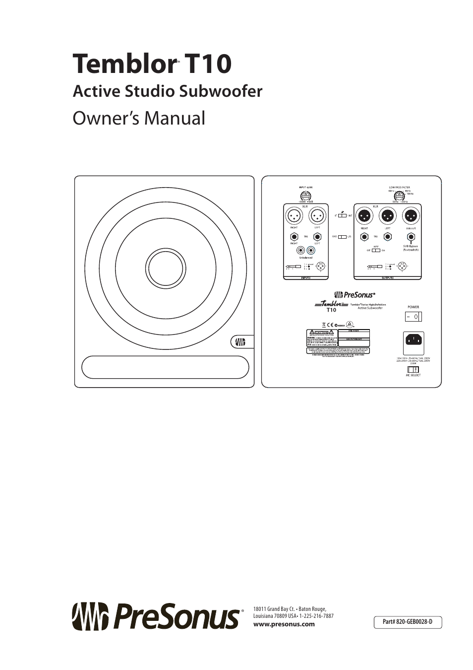 Temblor, Owner’s manual, Active studio subwoofer | PreSonus Temblor T10 User Manual | Page 20 / 20