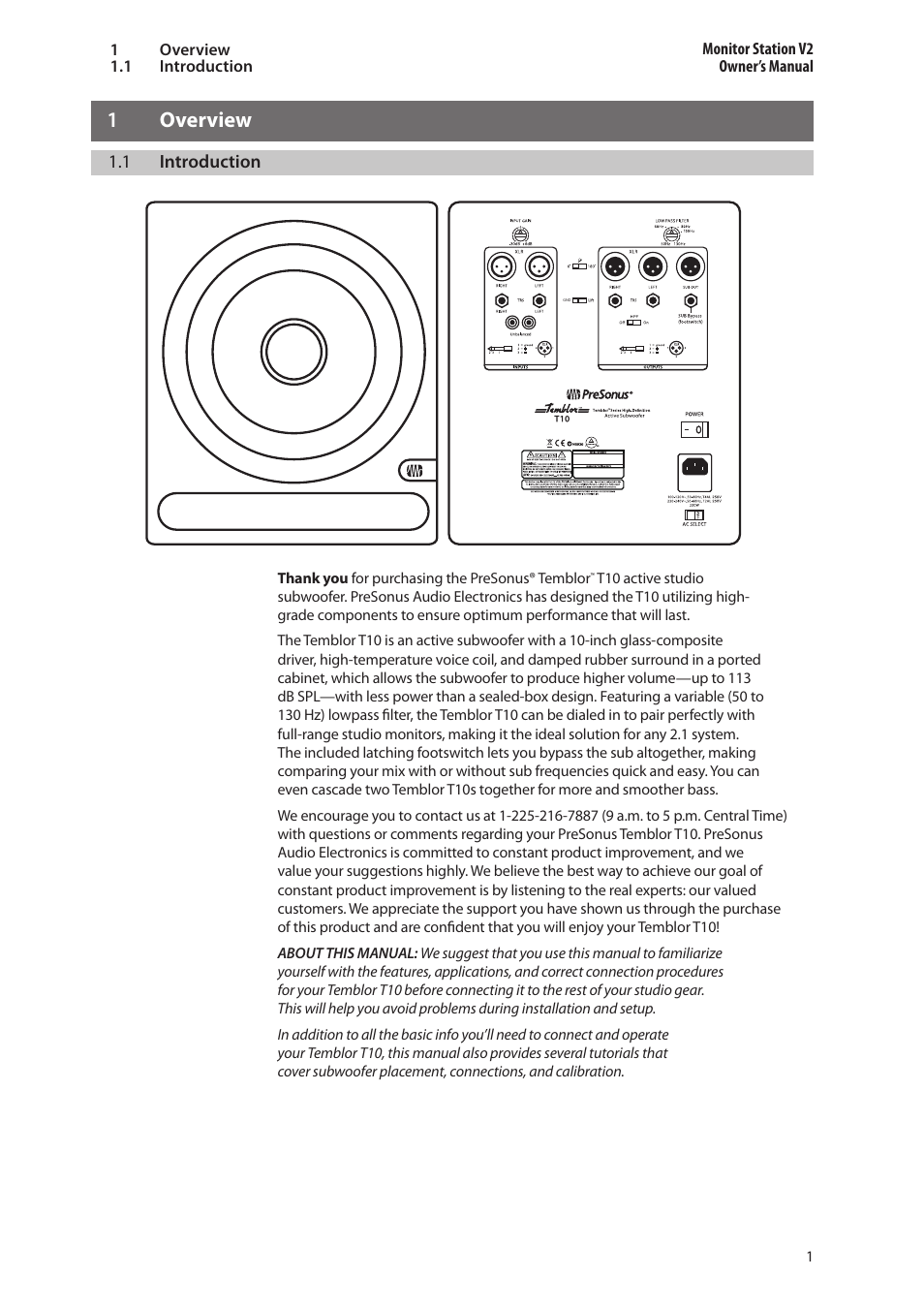 1 overview, 1 introduction, 1 overview — 1 | Introduction — 1 | PreSonus Temblor T10 User Manual | Page 5 / 20