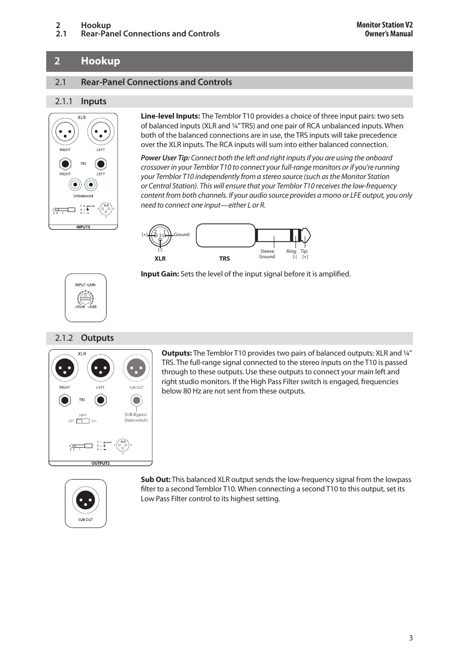 2 hookup, 1 rear-panel connections and controls, 1 inputs | 2 outputs, 2 hookup — 3, Rear-panel connections and controls — 3, 1 inputs — 3, 2 outputs — 3, 1 rear-panel connections and controls 2.1.1 inputs | PreSonus Temblor T10 User Manual | Page 7 / 20