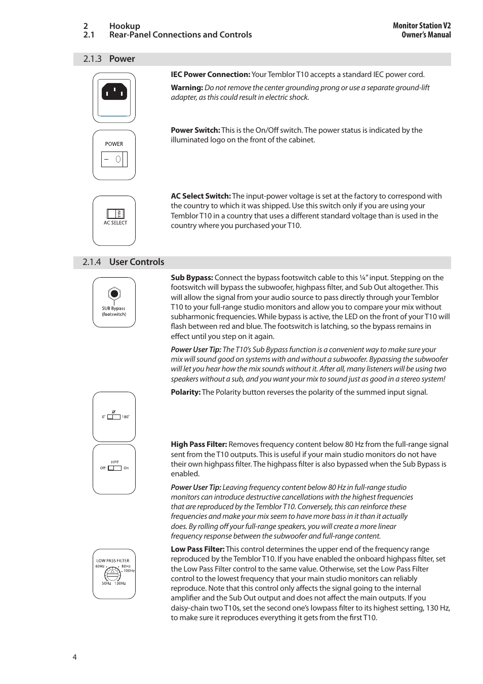 3 power, 4 user controls, 4 user controls — 4 | PreSonus Temblor T10 User Manual | Page 8 / 20