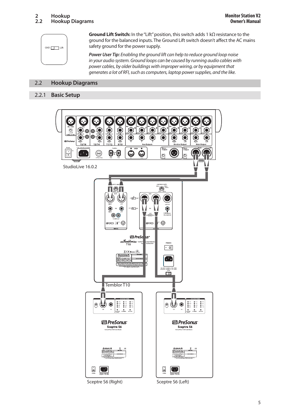 2 hookup diagrams, 1 basic setup, Hookup diagrams — 5 | 1 basic setup — 5, 2 hookup diagrams 2.2.1 basic setup | PreSonus Temblor T10 User Manual | Page 9 / 20