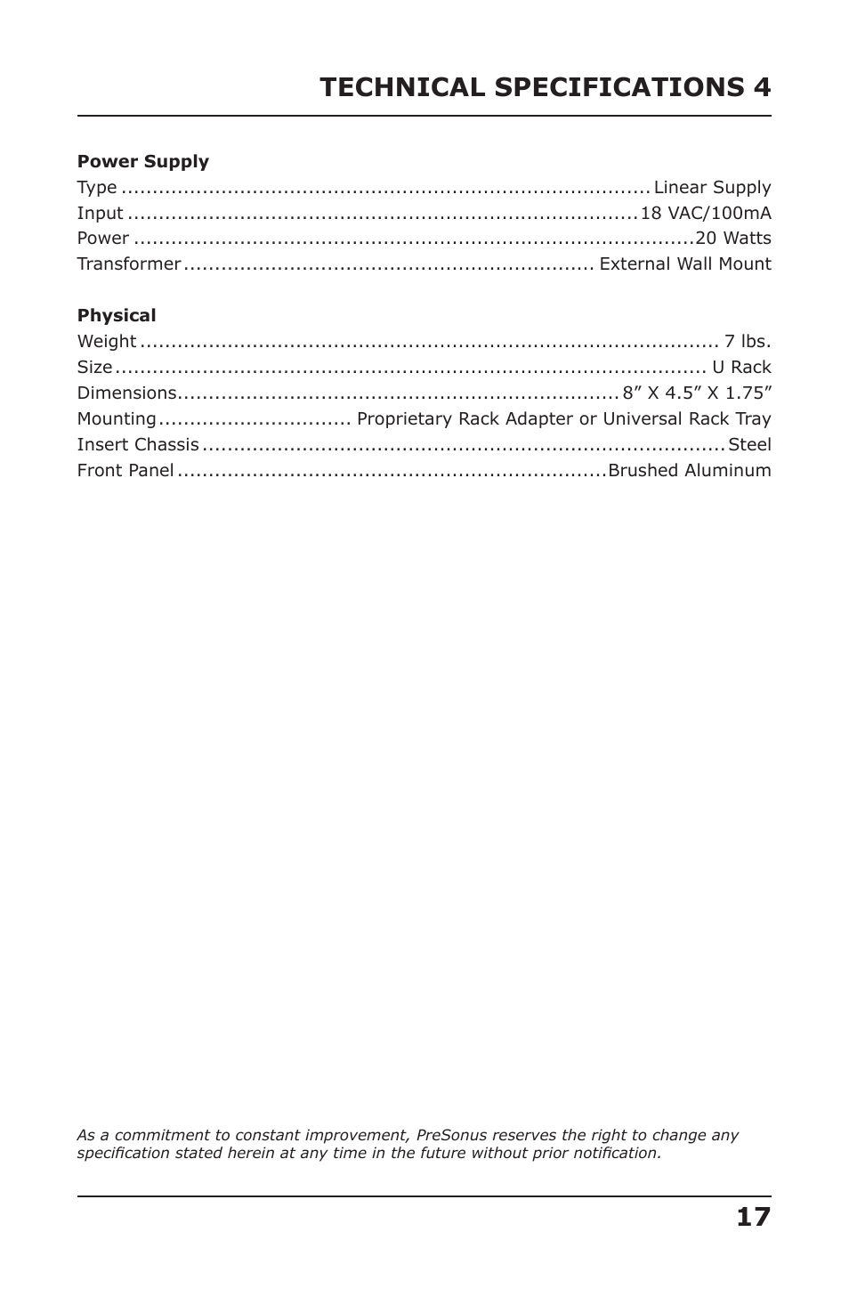 Technical specifications 4 | PreSonus Acousti-Q User Manual | Page 19 / 21