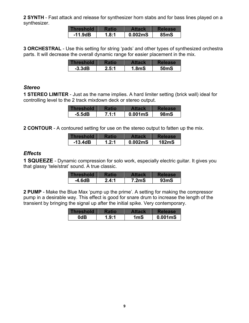 Stereo, Effects | PreSonus BlueMAX User Manual | Page 12 / 16