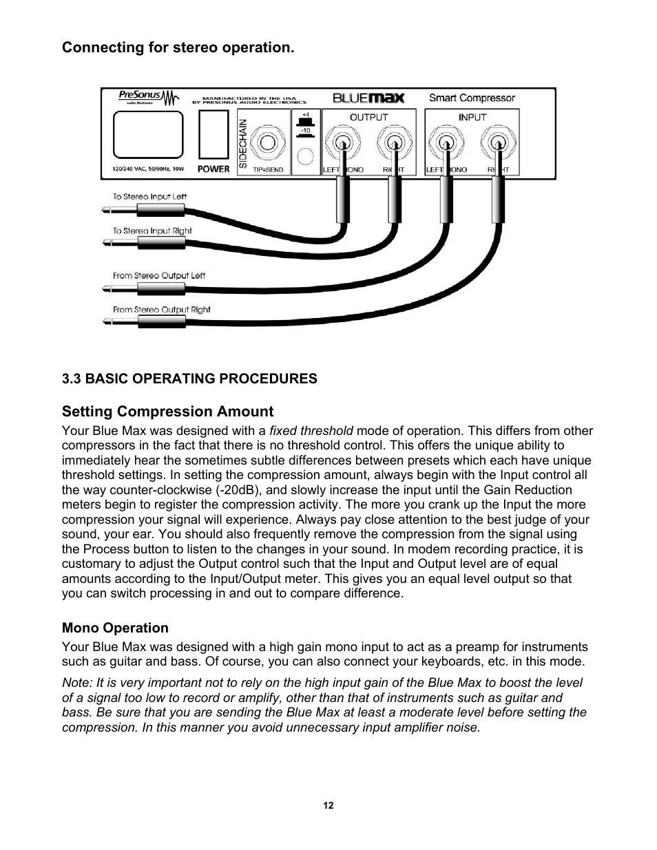 3 basic operating procedures, Setting compression amount, Mono operation | PreSonus BlueMAX User Manual | Page 15 / 16