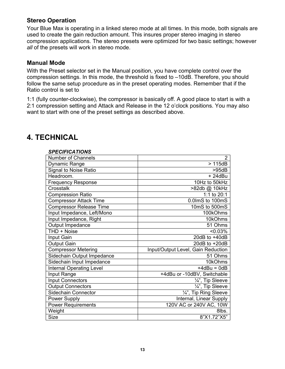 Stereo operation, Manual mode, Technical | Specifications | PreSonus BlueMAX User Manual | Page 16 / 16